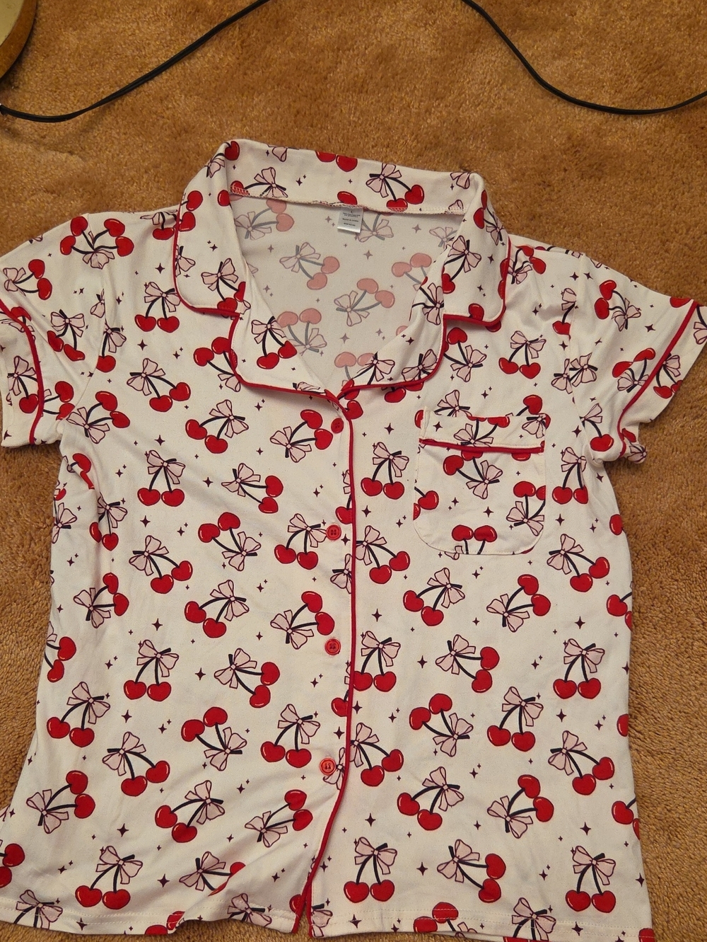 Cherry Print Short Sleeve Pajama Top - Red on White